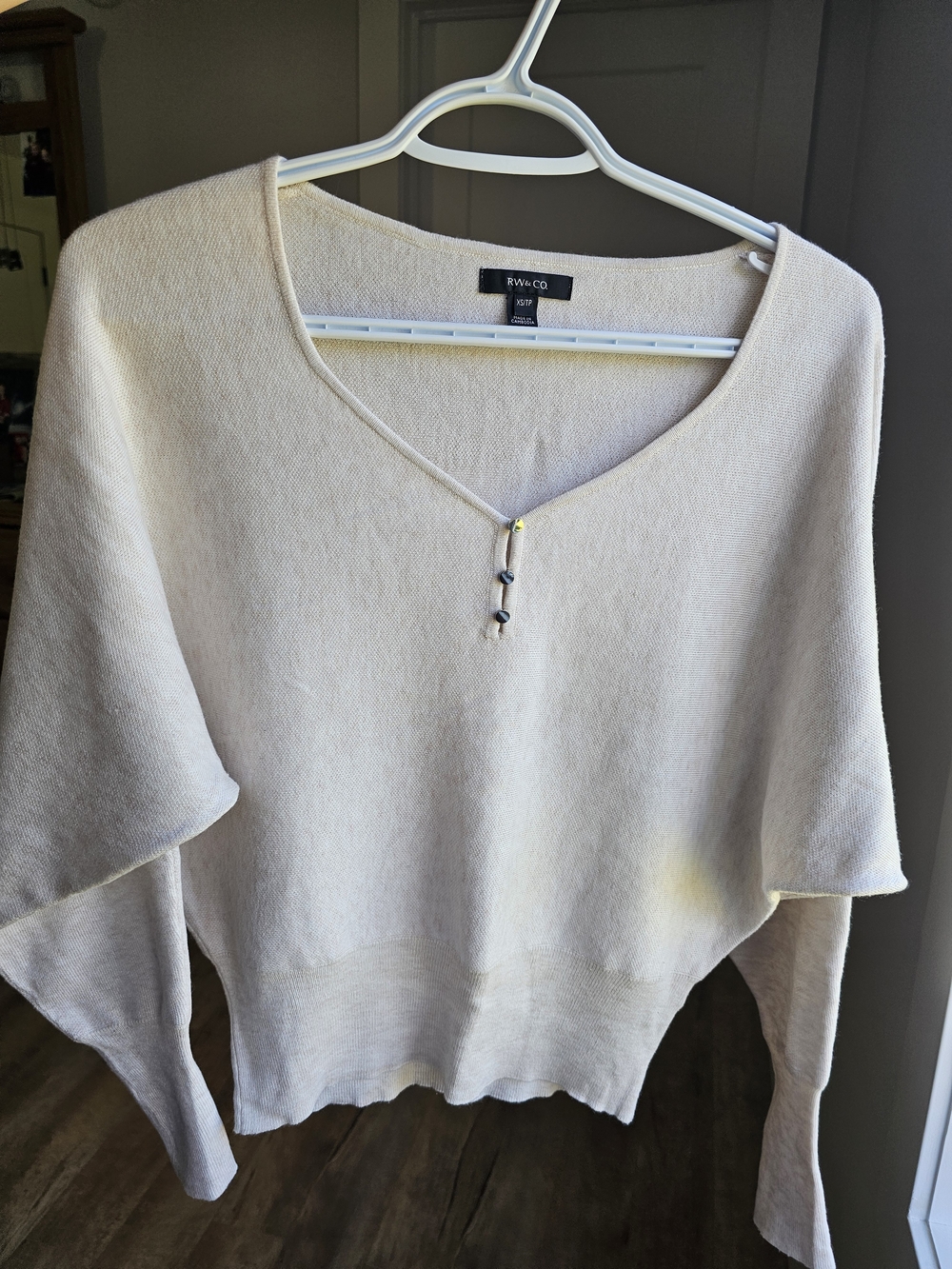 RW&CO. Cream V-Neck Sweater with Decorative Bead Detail